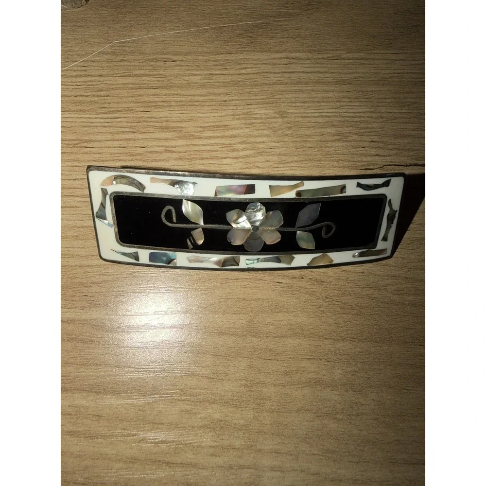 Vintage Alpaca Mexico Inlay Mother of Pearl Abalone Hair Barrette